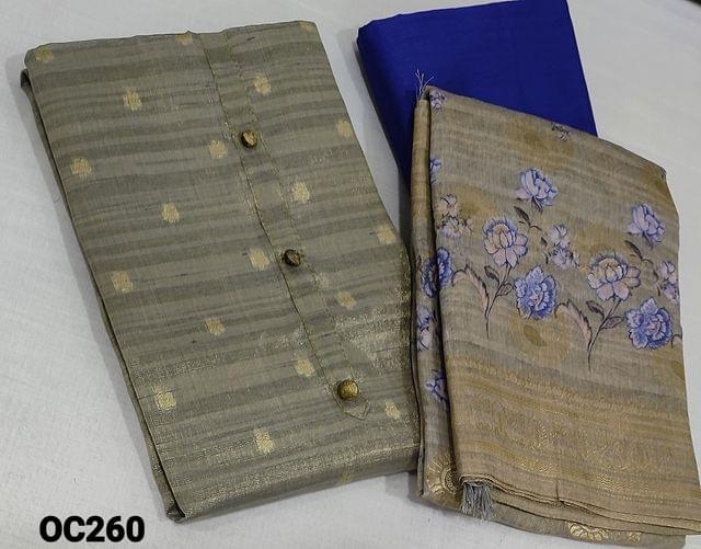 CODE OC260: Designer Grey and Golden tint Tissue Silk Cotton Unstitched Salwar material(lining required) with zari woven buttas on frontside, fancy buttons on yoke, ink Blue cotton or silk cotton bottom, Digital Floral printed and zari weaving buttas on silk cotton dupatta with tassels.