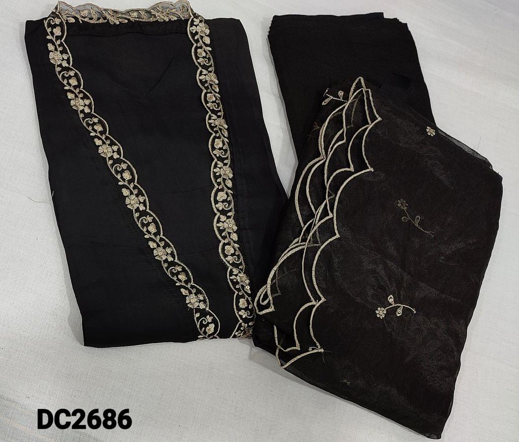 CODE DC2686: Designer Black pure Dola Silk semi-stitched salwar material (thin fabric, requires lining) with V neck thread, sequence and lace detailing, 3/4 sleeves with thread and sequence detailing, organza daman patch, matching santoon bottom, thread and sequence work on organza dupatta with cutwork edges. (can fit up to XL Size)