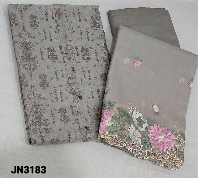 CODE JN3183: Designer Digital printed Grey Silk Cotton unstitched Salwar material(light weight thin fabric requires lining) with fancy buttons on yoke, matching santoon bottom, floral embroidery work on organza dupatta with cut work edges.(bottom and dupatta are lighter shades than the top fabric)