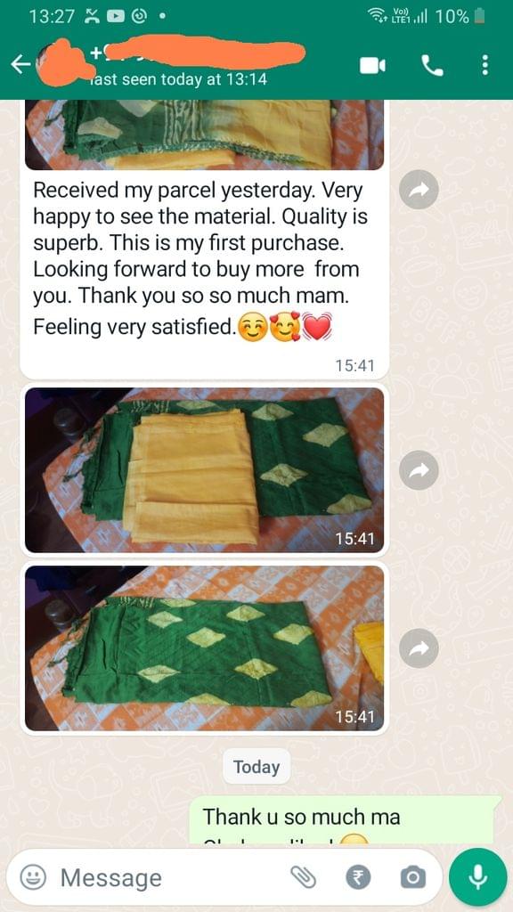 Received my parcel yesterday, Very happy to see the material. Quality is superb, this is my first purchase. Looking forward to buy more from you, thank you so so much mam.  Felling very satisfied.-Reviewed on 11th Jan 2023