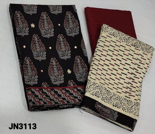CODE JN3113 : Ajrak hand Block printed Black soft Cotton unstitched Salwar material(lining optional) with thread and faux mirror work on frontside, dark maroon cotton bottom, block printed mul mul cotton dupatta with tapings.