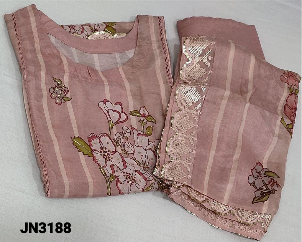 CODE JN3188: Designer Floral printed Onion Pink pure masleen Silk semi-stitched salwar material (soft, thin and silky fabric, requires lining)(can fit up to XL size), digital printed and zari lines, gota lace, sequence, sugar bead work on  panel design, round neck, 3/4 sleeves, thread and sequence work on daman, matching santoon bottom, digital printed pure masleen silk dupatta with tapings.