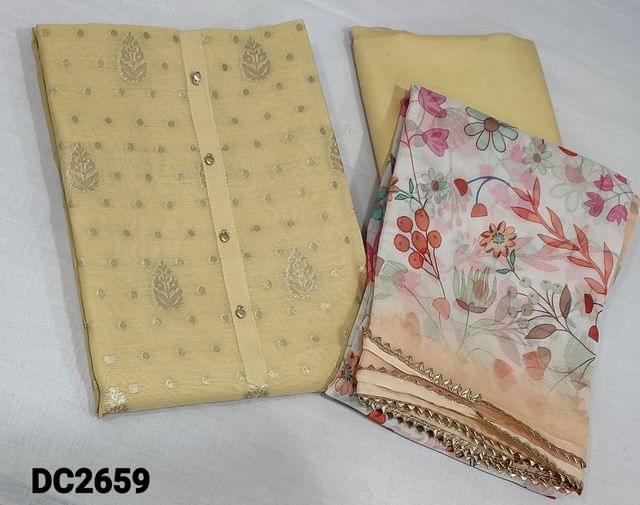 CODE DC2659: Premium Pastel Yellow fancy Silk Cotton unstitched salwar material(thin fabric, requires lining) with zari woven design on frontside, matching thin silky bottom, Digital printed fancy Organza dupatta with gota lace tapings.