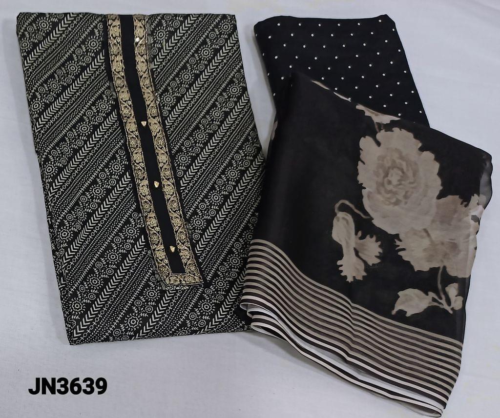 CODE JN3639 : Printed Black soft Cotton unstitched Salwar material(lining optional) with zari and embroidery work on yoke, printed cotton bottom, digital printed chiffon dupatta