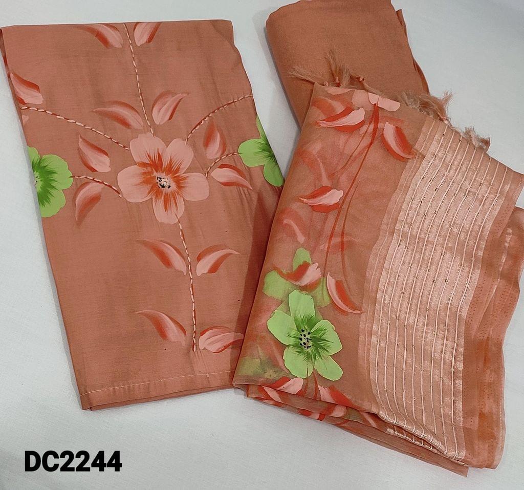 CODE DC2244: Premium Peach Soft Silk Cotton unstitched salwar material(thin fabric,requires lining) with hand brush paint work on front and back side, matching santoon bottom, brush paint work on fancy Organza dupatta with thread and sequins work