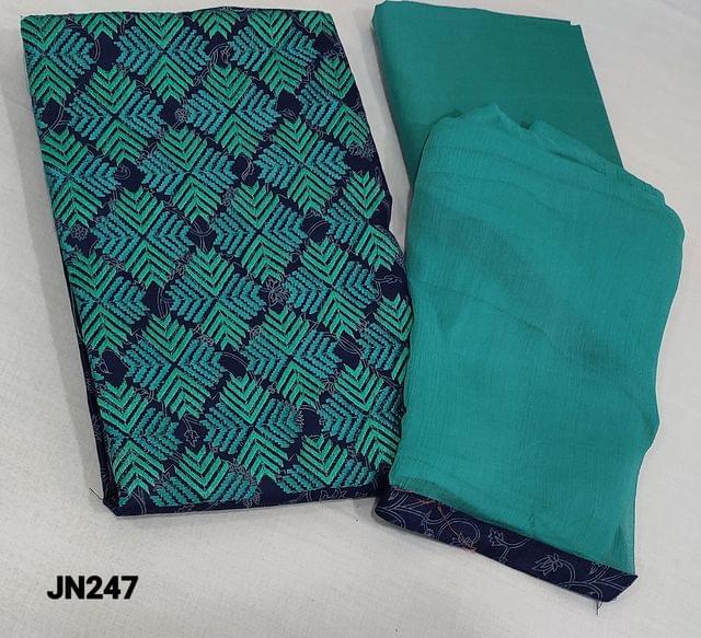 CODE JN347: Printed navy Blue Cotton unstitched Salwar materials( requires lining) with dual color thread embroidery work on yoke, turquoise green cotton bottom, plain chiffon dupatta with tapings.