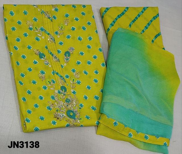 CODE JN3138 : Printed Sun shine Yellow Cotton unstitched salwar material(lining optional) with zardozi, sequnce and cut bead work on yoke, printed cotton bottom, dual shade chiffon dupatta with tapings.
