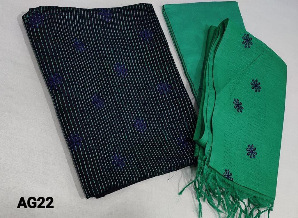 CODE AG22: Kantha Stitch Navy Blue Silk Cotton unstitched Salwar material(requires lining) with embroidery work on front side, leaf prints on yoke, green silk cotton or cotton bottom, embroidery work on fancy silk cotton dupatta with tassels.