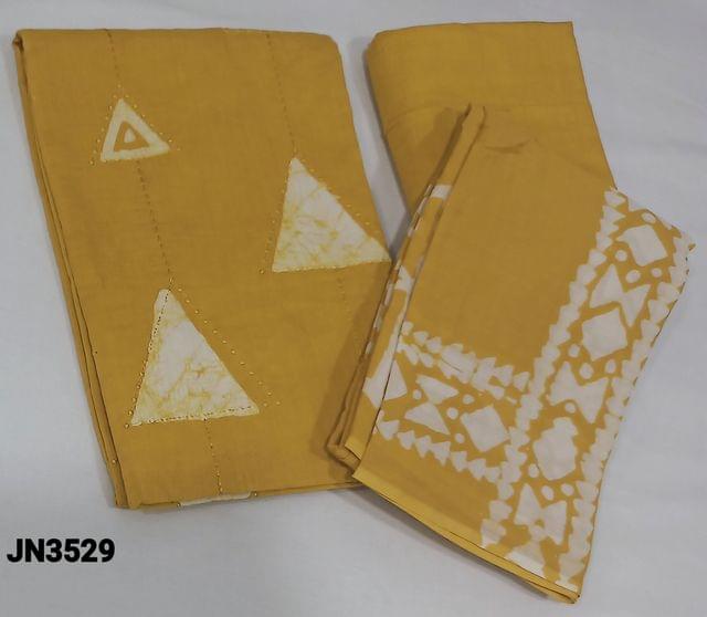 CODE JN3529: Wax Batik Dyed fenugreek Yellow Cotton Unstitched salwar material (lining optional) with thread and sequence work on frontside, simple design on back, matching cotton bottom with batik dyed, batik dyed mul cotton dupatta(requires taping)