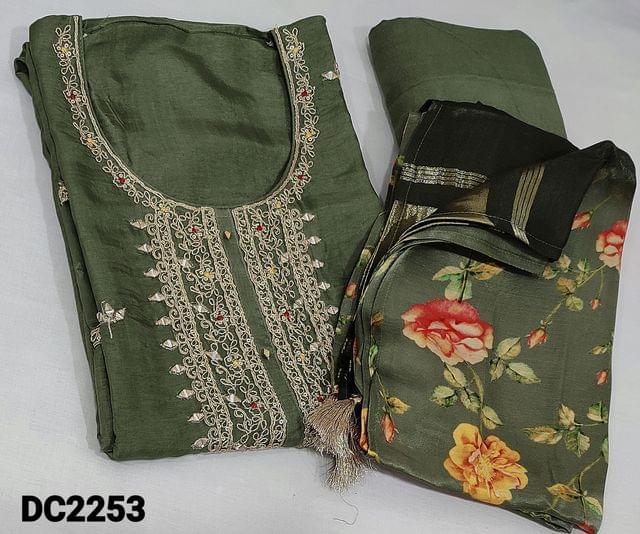CODE  DC2253: Designer Light Olive Green Pure Dola Silk Unstitched Salwar material(lining needed) round neck,with sequence,zardozi and real mirror work on yoke and frontside, matching santoon bottom,floral printed pure Gajji Silk dupaata with gold tissue pallu