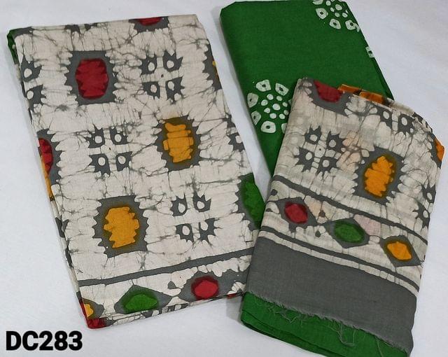 CODE DC283 :  Batik Dyed pure soft cotton Unstitched salwar material ( lining optional) , Green batik dyed cotton bottom , batik dyed dual shaded mul cotton dupatta(requires taping)