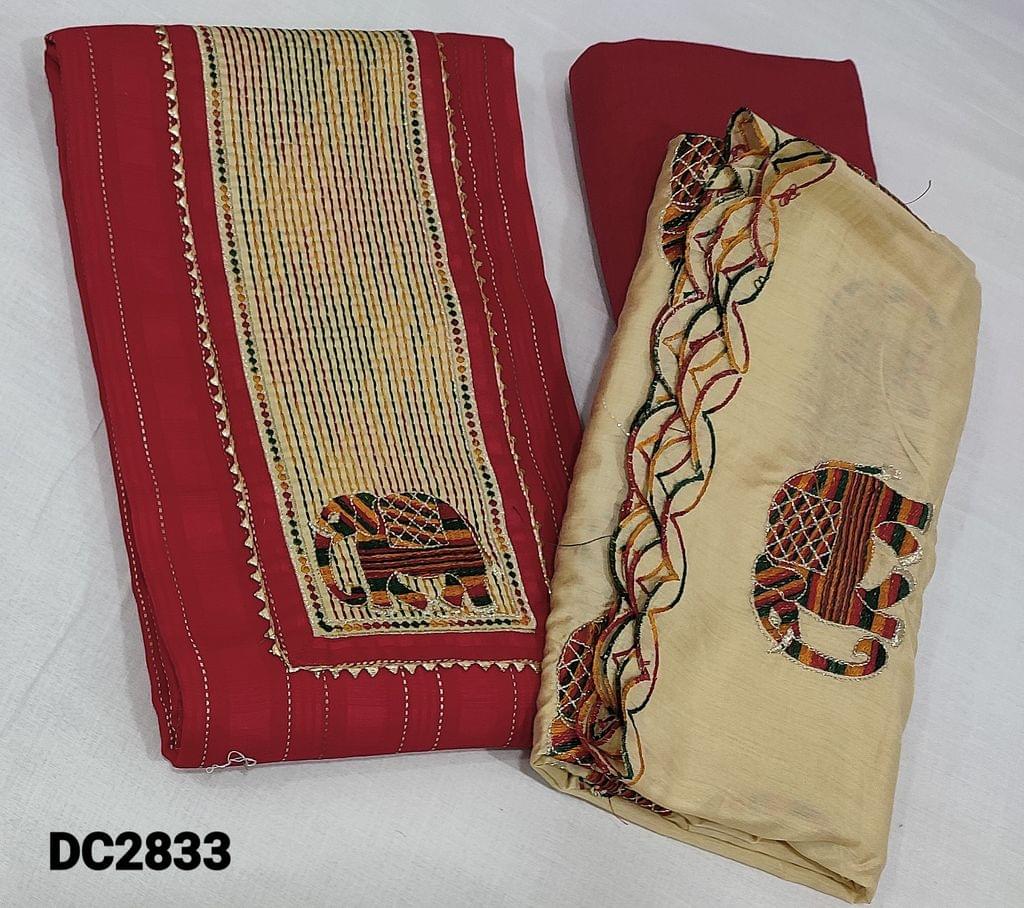 CODE DC2833 : Premium dark Pink Jakard  Cotton unstitched Salwar material(lining needed) with kantha stitch work on either side, elephant embroidery and gota lace tapings on yoke, matching thin cotton lining provided, NO BOTTOM,  elephant embroidery work on silk cotton dupatta with cut work edges.