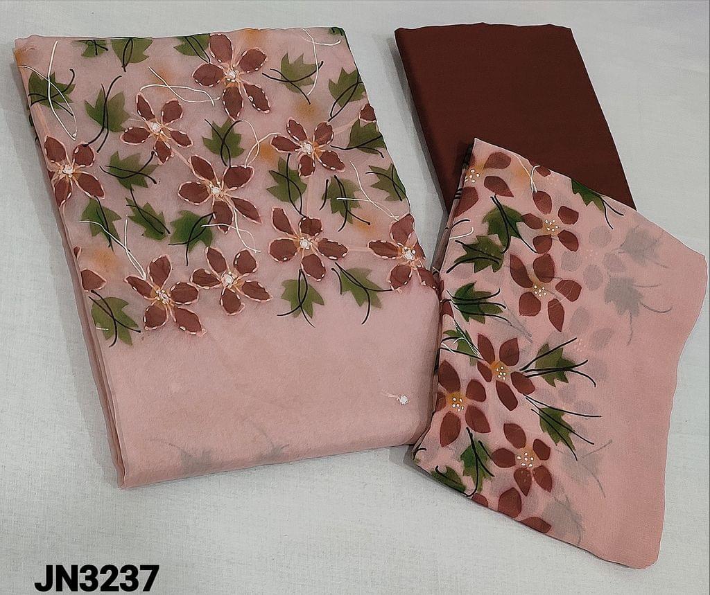 CODE JN3237: Premium Pastel Pink Organza unstitched salwar material(thin fabric requires lining) with floral printed yoke, brush paint, Kantha stitch and faux mirror work on yoke, Silk cotton bottom, printed chiffon dupatta(requires taping)