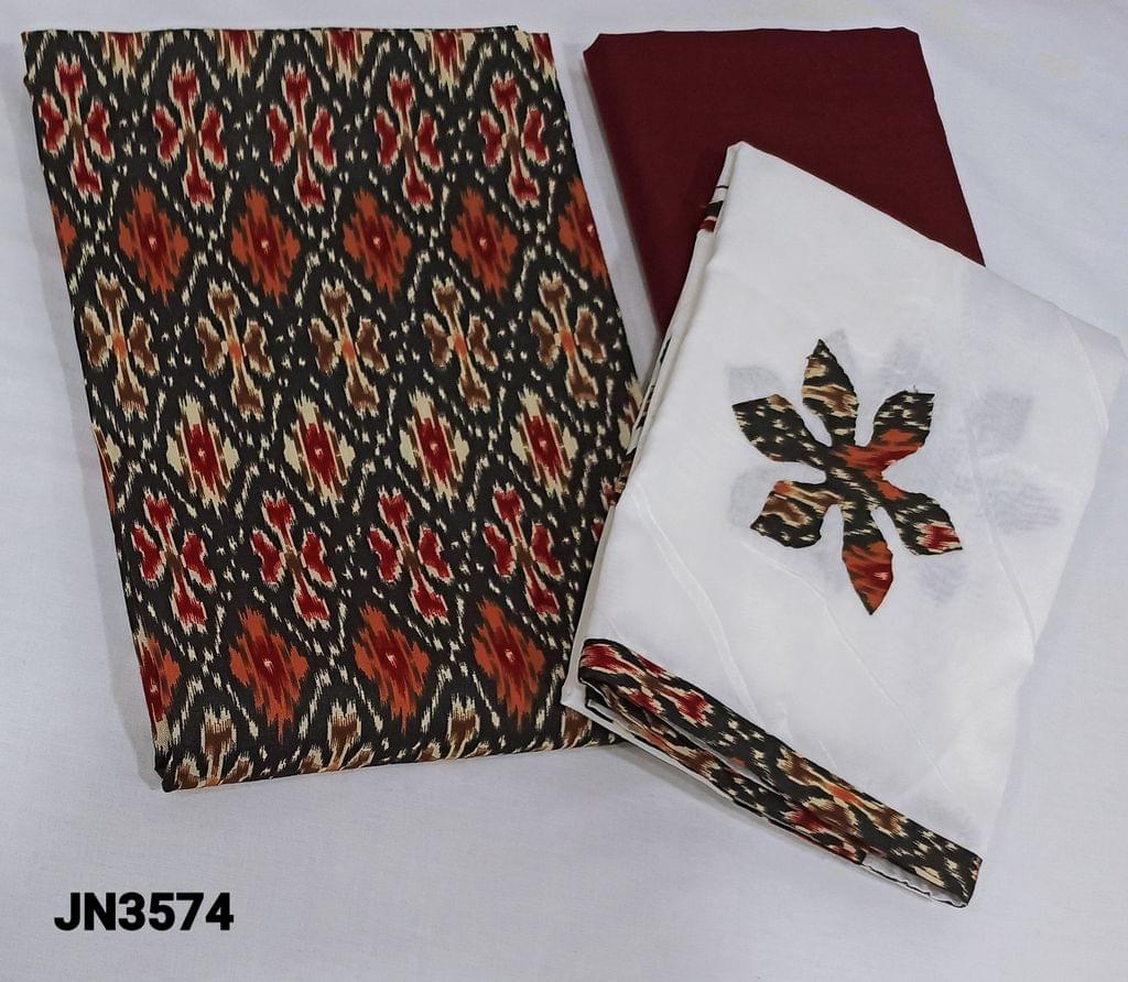 CODE JN3574 : Patola Printed Black Spun Cotton unstitched Salwar material(lining optional), maroon cotton bottom, Applique work on soft silk cotton dupatta with tapings.(applique work might vary)