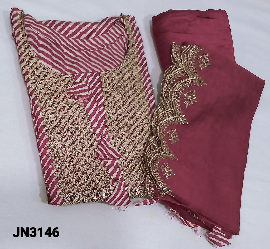 CODE JN3146: Designer lehriya printed Pink Masleen Silk semi-stitched salwar material(soft silky fabric requires lining) with zari and sequence work on yoke, round neck, 3/4 sleeves, matching santoon bottom, zari thread and sequence work on shorth width silk cotton dupatta with gota lace tapings.