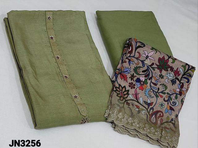 CODE JN3656: Designer light cardamom Green Pure Russian Silk unstitched salwar material(soft, silky fabric, requires lining) with french knot, mini stone, zardozi, pearl bead work on yoke, matching santoon bottom, Digital printed silk cotton dupatta with zari thread and sequence work on cut work edges