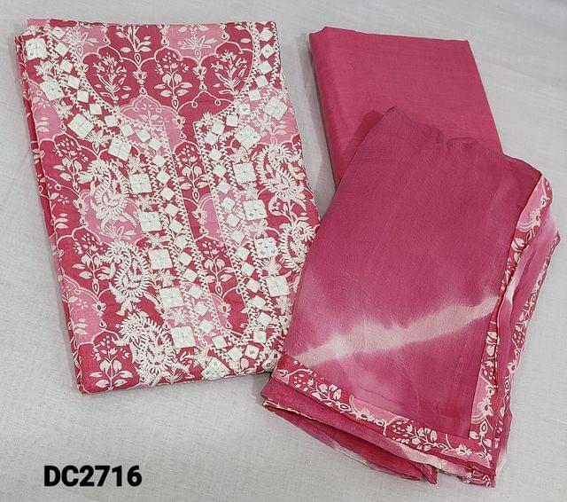 CODE DC2716 : Printed Pink dual shaded soft Cotton unstitched Salwar material(lining optional) with foil and  chigankari embroidery work on yoke, simple lace work on daman,  matching cotton bottom, shibori dyed chiffon dupatta with tapings.