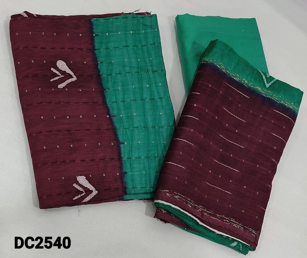 CODE DC2540 : Dual Shaded sober beetroot purple and turquoise green Silk Cotton unstitched Salwar material(thin fabric,requires lining) with batik design, thread and sequence work on front side,  silk cotton bottom, dual shaded soft sillk cotton dupatta with sequence work tapings needed