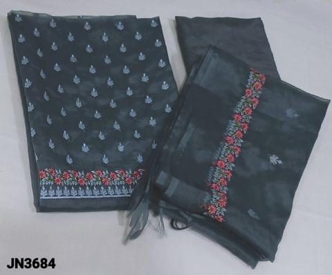 CODE JN3684 : Blueish Grey fancy Organza Unstitched salwar material (thin fabric, requires lining) with embroidery work on yoke, matching thin silky or santoon bottom, embroidery work on organza dupatta.