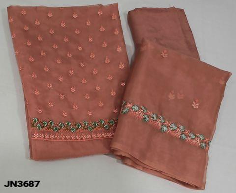 CODE JN3687 : Dark Peach fancy Organza Unstitched salwar material (thin fabric, requires lining) with embroidery work on yoke, matching thin silky or santoon bottom, embroidery work on organza dupatta.