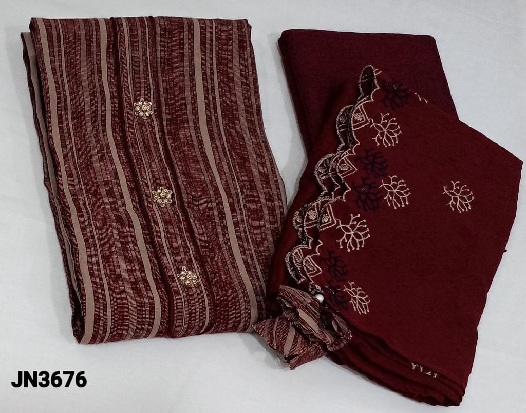 CODE JN3676 : Premium Maroon printed Viscous Silk Unstitched salwar material (soft, flowy fabric, lining optional) with fancy buttons on yoke, matching cotton lining provided, NO BOTTOM,  embroidery work on silk cotton dupatta with cut work edges(requires taping)