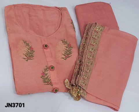 CODE JN3701 : Designer Leaf Printed Peachish pink pure Dola Silk Unstitched salwar material (thin and silky fabric, requires lining) with fancy buttons on yoke, matching santoon bottom, soft silk cotton dupatta with zari and thread work edges