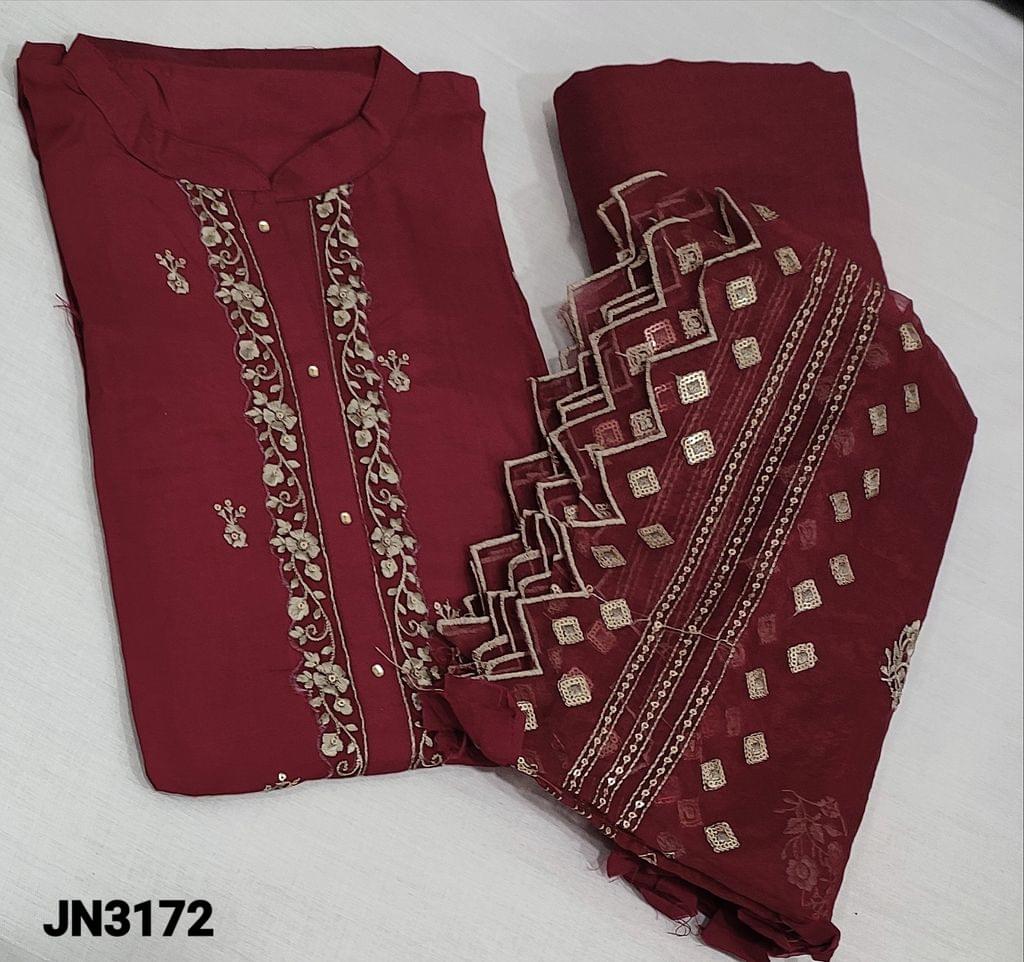 CODE JN3172: Designer Pinkish Maroon pure Masleen Silk semi-stitched salwar material(soft silky fabric requires lining) (can fit up to XL size)with embroidery and sequence work on yoke, mandarin collar, daman patch, 3/4 sleeves thread and sequence detailing, matching santoon bottom, zari thread and sequence work on shorth width organza dupatta with cut work edges