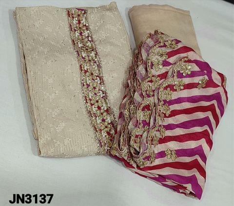 CODE JN3137 : Designer Beige pure Georgette unstitched salwar material(thin soft flowy, thin fabric, requires lining) with gota patch, sequence bead work on yoke, embroidery work on frontside, daman patch, matching santoon bottom, lehriya printed, gota patch worl on georgette dupatta with cut work edges.