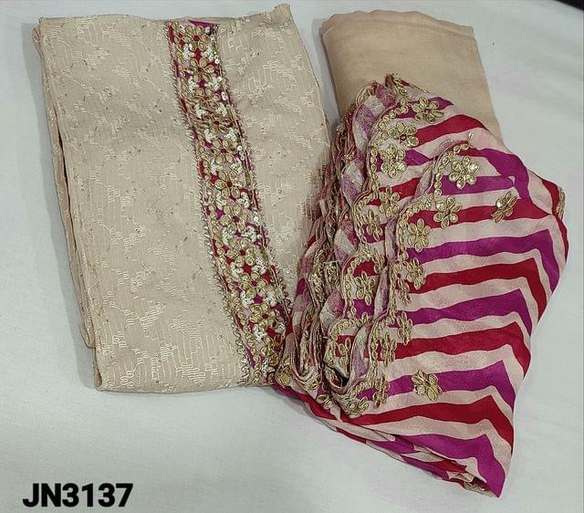 CODE JN3137 : Designer Beige pure Georgette unstitched salwar material(thin soft flowy, thin fabric, requires lining) with gota patch, sequence bead work on yoke, embroidery work on frontside, daman patch, matching santoon bottom, lehriya printed, gota patch worl on georgette dupatta with cut work edges.