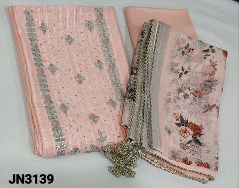 CODE JN3139:  Designer pastel Pink premium Jakard Silk Cotton unstitched Salwar material (light weight thin fabric lining optional) with silver zari lines on either side, silver gota patch, sequence and thread work on yoke, matching santoon bottom, Digital floral printed preium linen dupatta with silver zari borders, gota lace tapings, and tassels