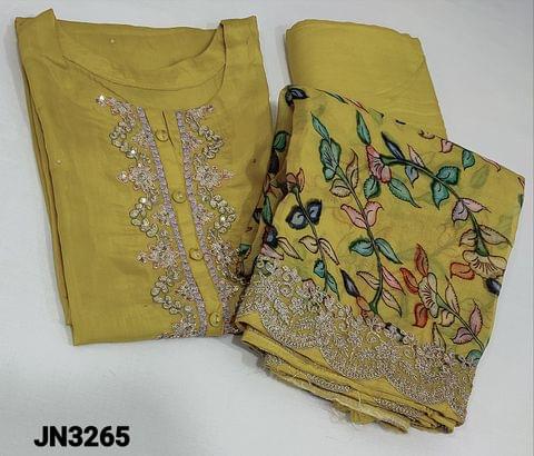 CODE JN3265 : Designer Mehandhi Yellow semi stitched Salwar material(lining needed) with zari thread and sequence work on yoke, round neck, 3/4 sleeves, matching santoon bottom, Digital floral Printed shorth width masleen silk dupatta with zari and sequence borders.  . (Can fit up to XL size)