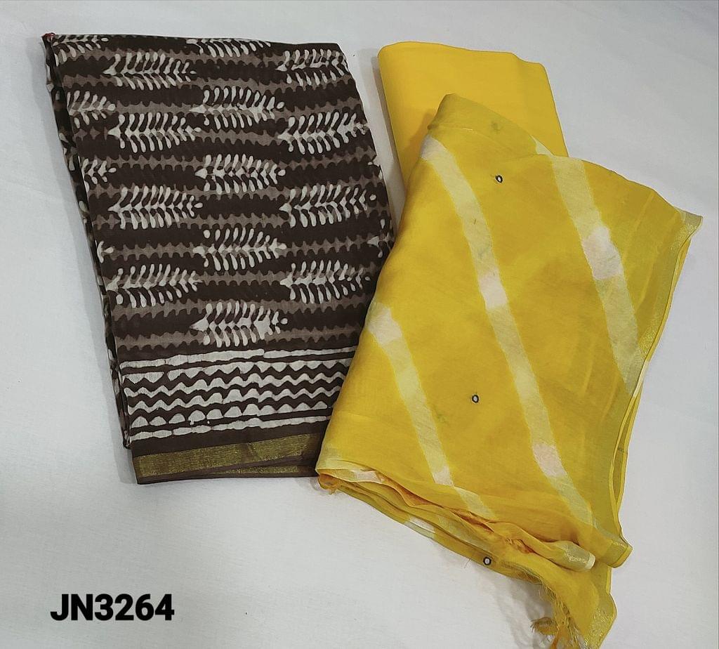 CODE JN3264 : Designer Grey and Brown Shade traditional hand block printed pure maheshwari silk unstitched salwar material(requires lining),thin gold zari borders, bright yellow thin soft pure cotton bottom, lehriya printed pure maheshwari silk dupatta with faux mirror work, tapings needed