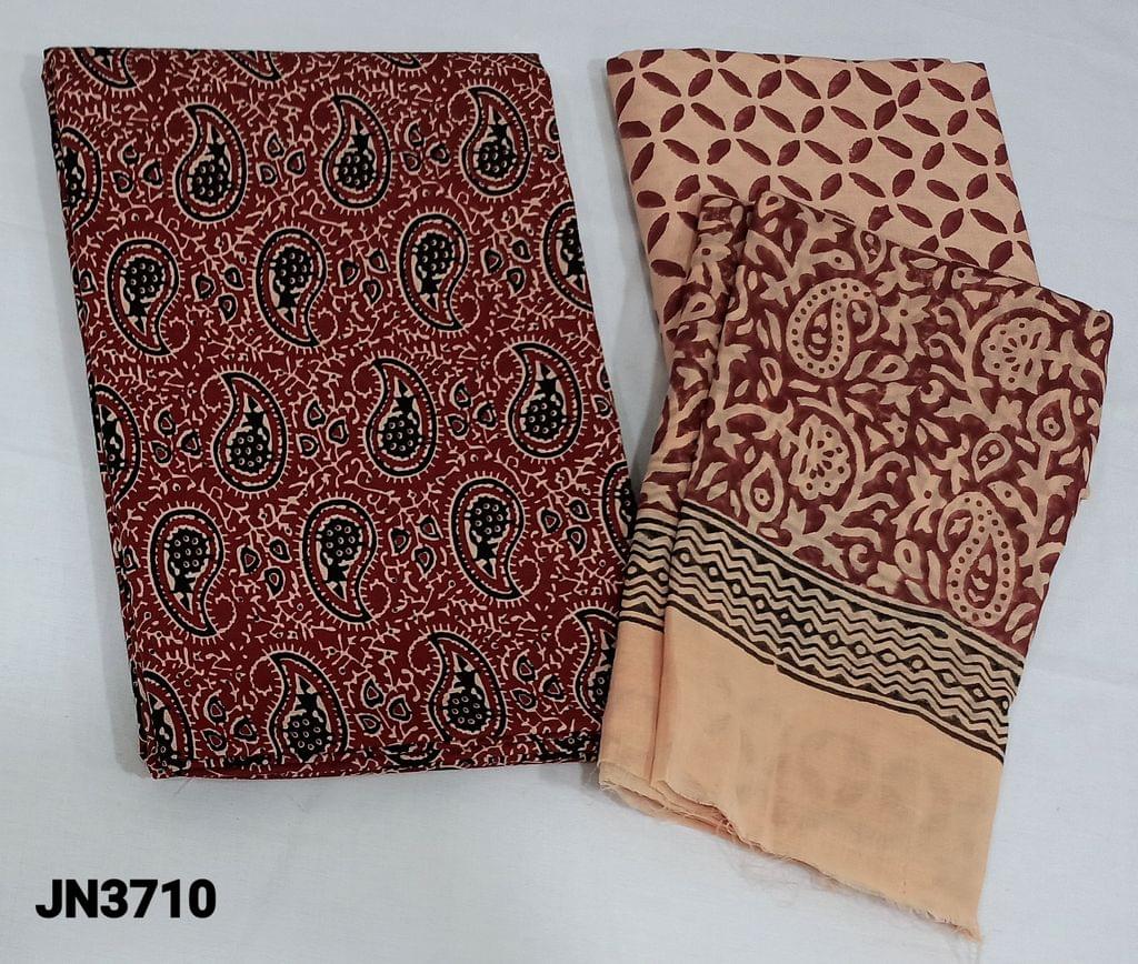 CODE JN3710: Maroon Ajrak Block Printed pure soft Cotton Unstitched salwar material(lining optional) , ajrak block printed cotton bottom, ajrak block printed mul cotton dupatta(requires taping)