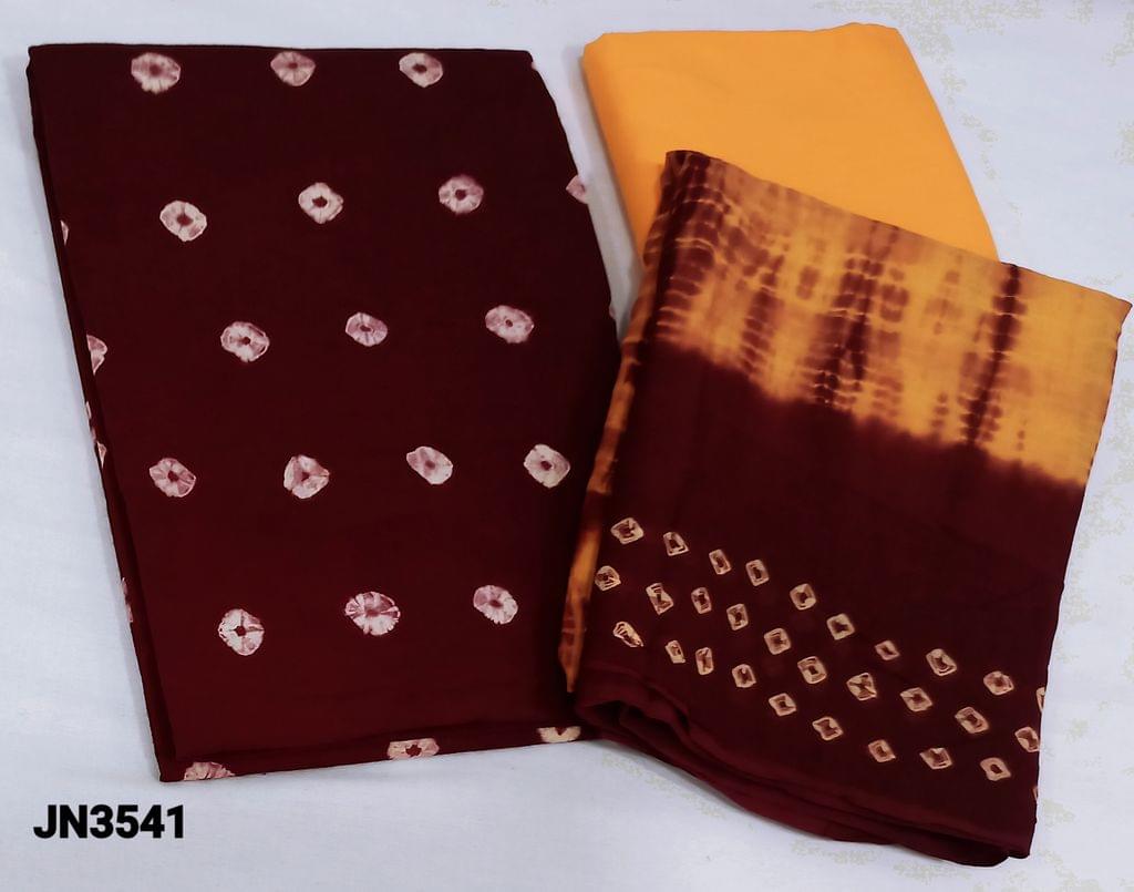 CODE JN3541 : Bhandani tie and dye Maroon pure Cotton unstitched salwar material (lining optional), bright yellow cotton bottom, dual shade  shibori and bandhani tie and dye cotton dupatta(requires taping)