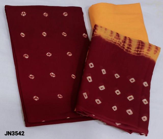 CODE JN3542 : Bhandani tie and dye Reddish Maroon pure Cotton unstitched salwar material (lining optional), bright yellow cotton bottom, dual shade  shibori and bandhani tie and dye cotton dupatta(requires taping)