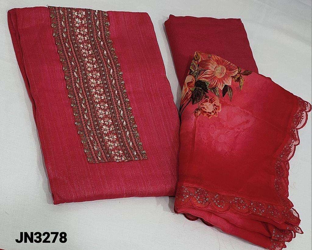CODE JN3278: Designer Dark peachish Pink pure Unstitched salwar material (soft, texture fabric, requires lining) with embroidery and sequence work on yoke, simple daman patch, matching santoon bottom, Digital floral printed organza dupatta with thread and sequence borders with cutwork edges.