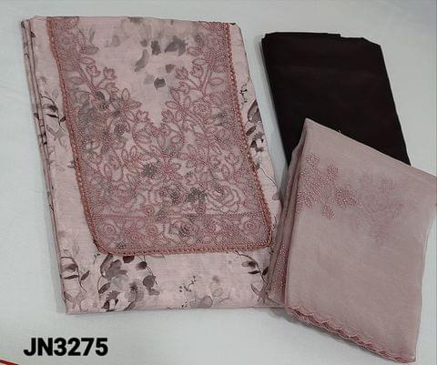 CODE JN3275 : Digital Floral Printed pale pink fancy Silk Cotton Unstitched salwar material (light weight thin fabric, requires lining) with embroidery, sequence, dark brown silky thin silky bottom, embroidery and sequence work on organza dupatta with cut work edges. lace, organza patch work on yoke,