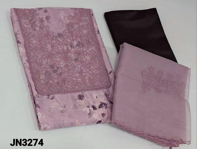 CODE JN3274 : Digital Floral Printed Pink fancy Silk Cotton Unstitched salwar material (light weight thin fabric, requires lining) with embroidery, sequence, dark brown thin silky bottom, embroidery and sequence work on organza dupatta with cut work edges. lace, organza patch work on yoke,