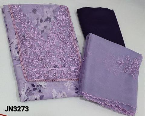 CODE JN3273 : Digital Floral Printed Lavender fancy Silk Cotton Unstitched salwar material (light weight thin fabric, requires lining) with embroidery, sequence, dark purple thin silky bottom, embroidery and sequence work on organza dupatta with cut work edges. lace, organza patch work on yoke,