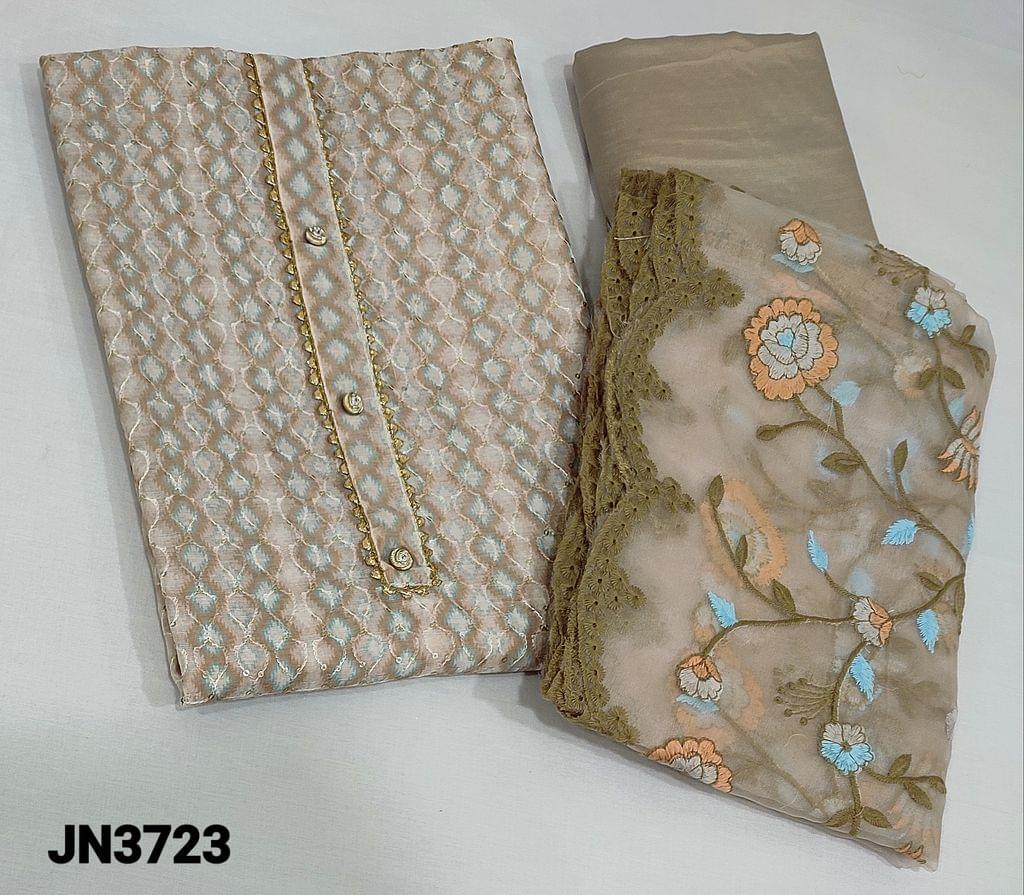 CODE JN3723: Digital Printed Mauve shade Silk Cotton Unstitched salwar material (light weight thin fabric, requires lining) with thread and sequence work on frontside, fancy button and gota lace work on yoke, matching shinny thin silky bottom, pastel color embroidery work on Organza dupatta with cut work edges.