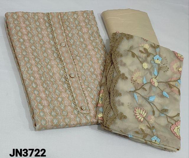 CODE JN3722: Digital Printed Beige Silk Cotton Unstitched salwar material (light weight thin fabric, requires lining) with thread and sequence work on frontside, fancy button and gota lace work on yoke, matching shinny thin silky bottom, pastel color embroidery work on Organza dupatta with cut work edges.