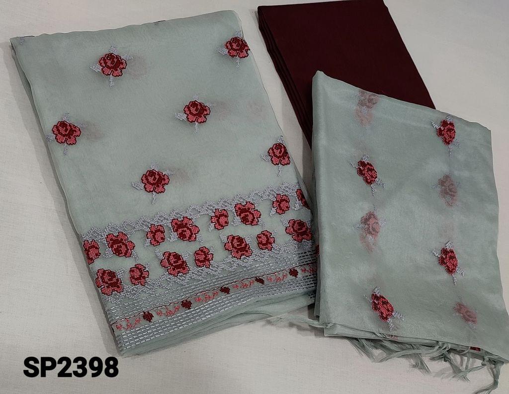 CODE SP2398:  light Grey fancy Organza unstitched salwar material(thin fabric lining included) with cross stitch embroidery work with daman, maroon silk cotton bottom, organza dupatta with cross stitch embroidery