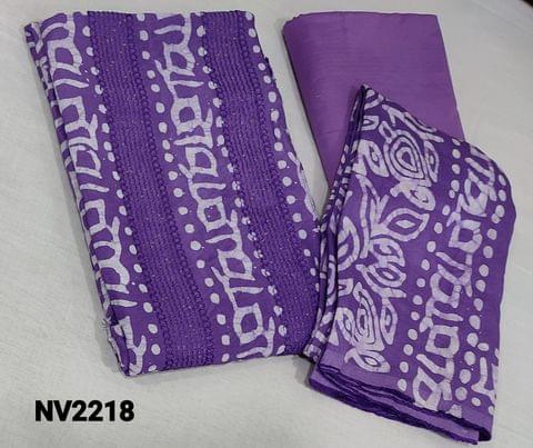 CODE NV2218: Batik Dyed Purple Soft silk Cotton unstitched Salwar materials(lining required) with thread and sequence work on frontside, matching silky bottom, Batik dyed soft silk cotton dupatta(requires taping)