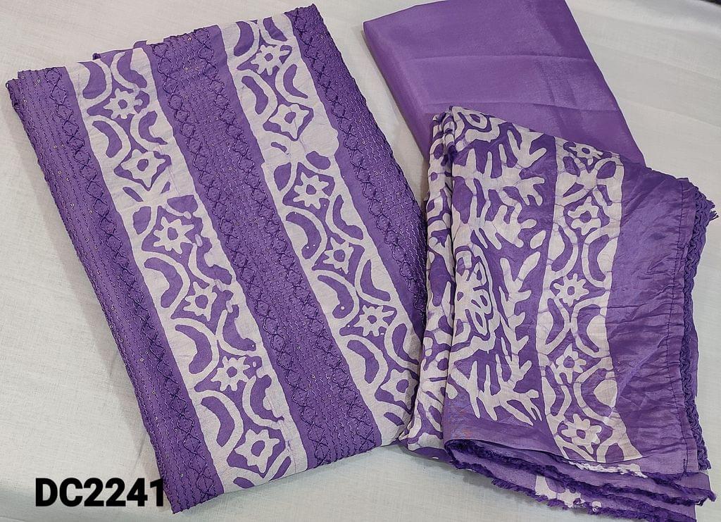 CODE DC2241: Batik Dyed Purple Soft silk Cotton unstitched Salwar materials(lining required) with thread and sequence work on frontside, matching silky bottom, Batik dyed soft silk cotton dupatta(requires taping)