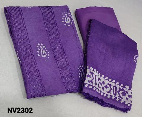 CODE NV2302: Batik dyed Purple soft Silk Cotton unstitched Salwar materials(requires lining) with thread and sequence work on yoke, matching silky bottom, batik dyed soft silk cotton dupatta (requires taping)