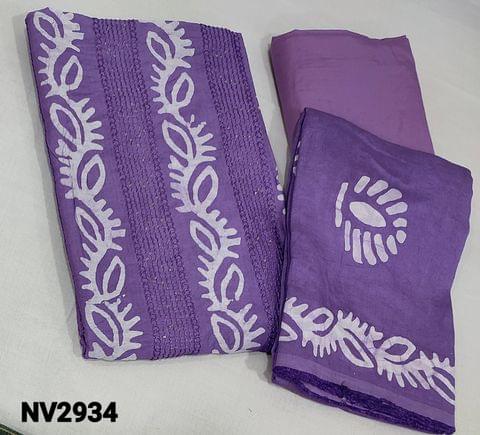 CODE NV2934: Batik Dyed Purple Soft silk Cotton unstitched Salwar materials(lining required) with thread and sequence work on frontside, matching silky bottom, Batik dyed soft silk cotton dupatta(requires taping)