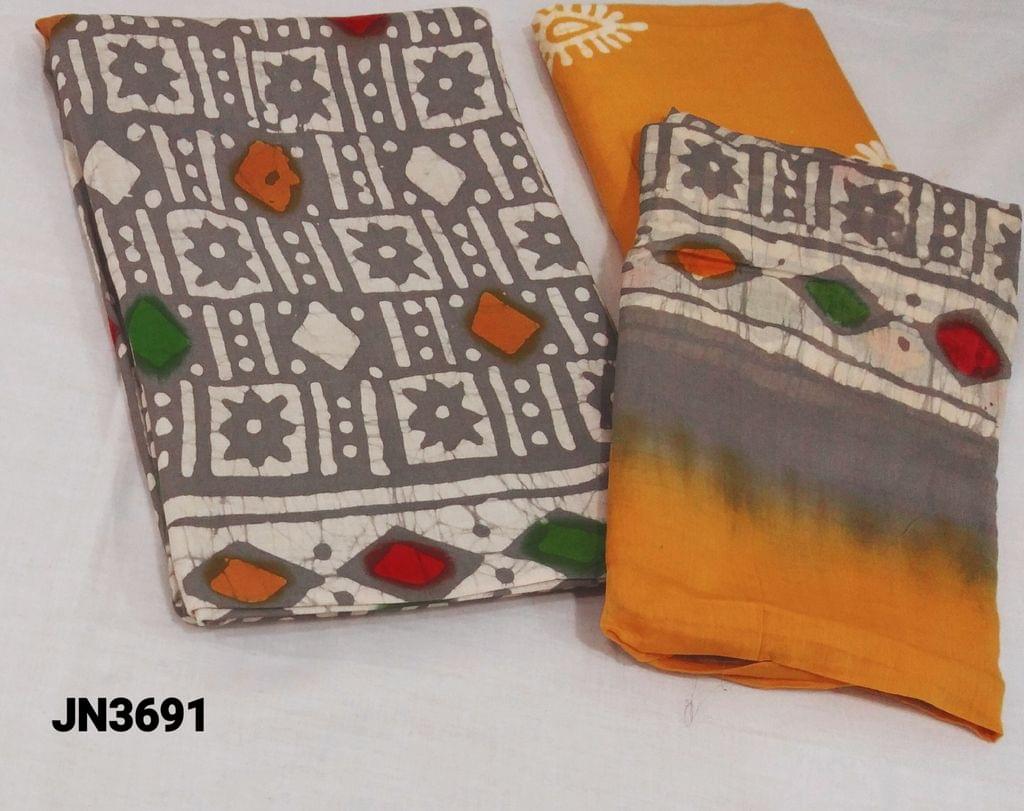 CODE JN3691 : Wax Batik Dyed pure soft cotton Unstitched salwar material (soft fabric, lining optional), yellow batik dyed cotton bottom , batik dyed dual shaded mul cotton dupatta(requires taping)