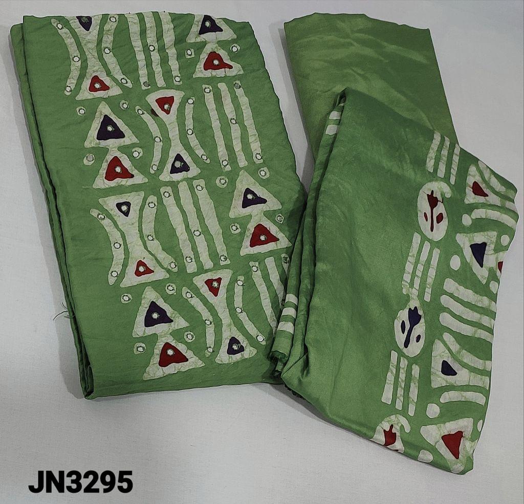 CODE JN3795: Wax Batik Dyed Light Green soft Silk Cotton Unstitched salwar material (lining optional) with multicolor, faux mirror and thread work on frontside, matching thin silky bottom, Batik dyed soft silk cotton dupatta(requires taping)