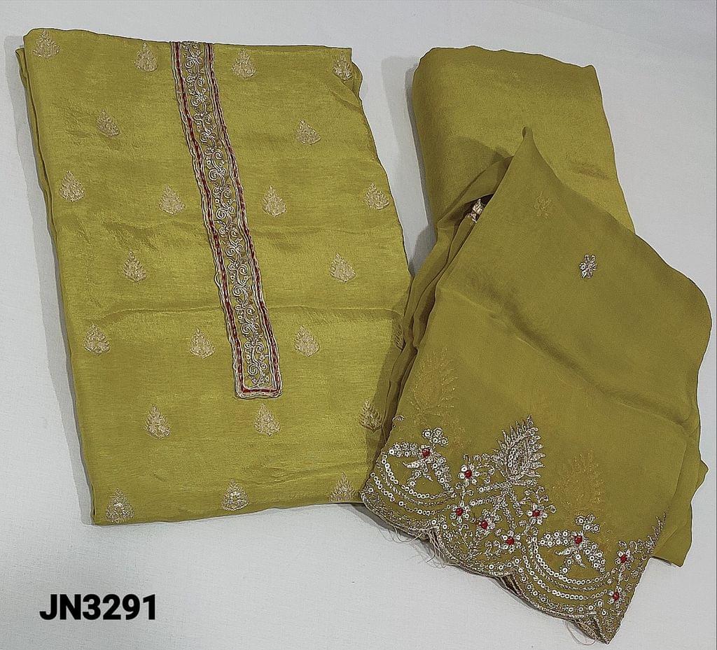 CODE JN3291 : Designer Mehandhi Green pure Dola Silk Unstitched Salwar material(soft and thin fabric, requires lining) with zari weaving buttas on frontside, (butta design might vary)zari thread and sequence work on yoke, matching santoon bottom, zari thread, and sequence work on organza dupatta zari thread and sequence work edges and gota lace tapings.