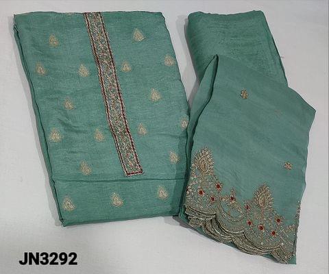 CODE JN3292 : Designer pastel Blue pure Dola Silk Unstitched Salwar material(soft and thin fabric, requires lining) with zari weaving buttas on frontside, (butta design might vary)zari thread and sequence work on yoke, matching santoon bottom, zari thread, and sequence work on organza dupatta zari thread and sequence work edges and gota lace tapings.